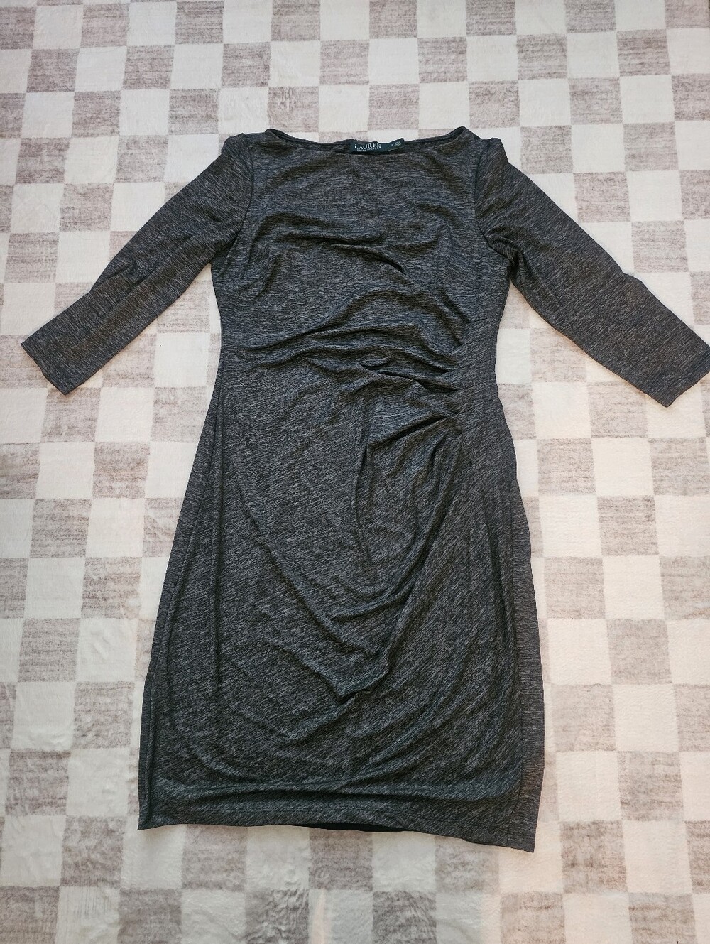 Ralph Lauren Charcoal Grey Long-Sleeve Ruched Sheath Dress Size 12